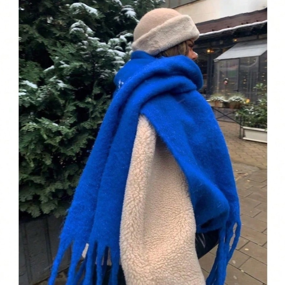 Blue Wide Shawl Scarf With Tassels Fuzzy Knit
